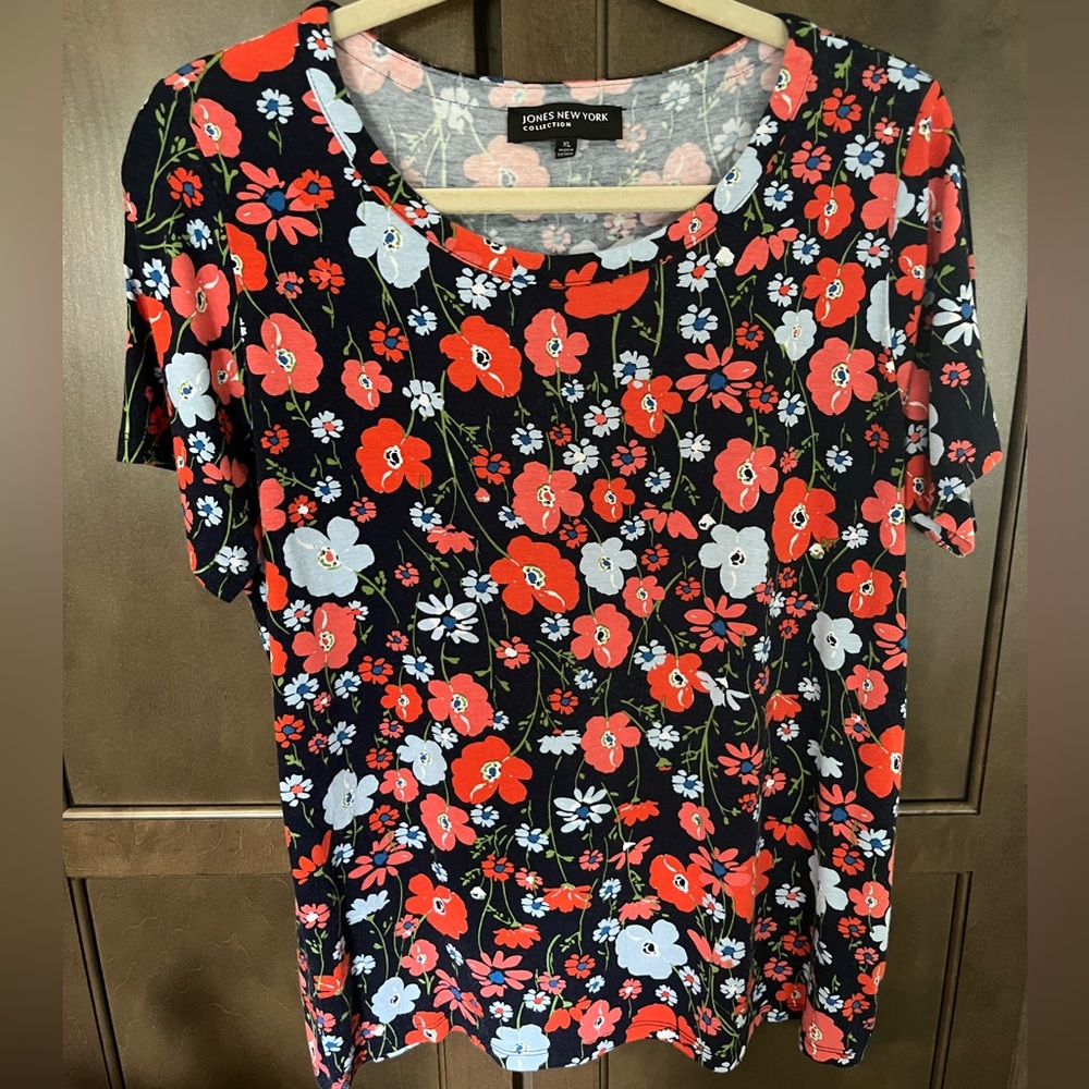 Jones New York Floral Red Pink Blue Stretch Short Sleeve Tee Shirt Blouse XL